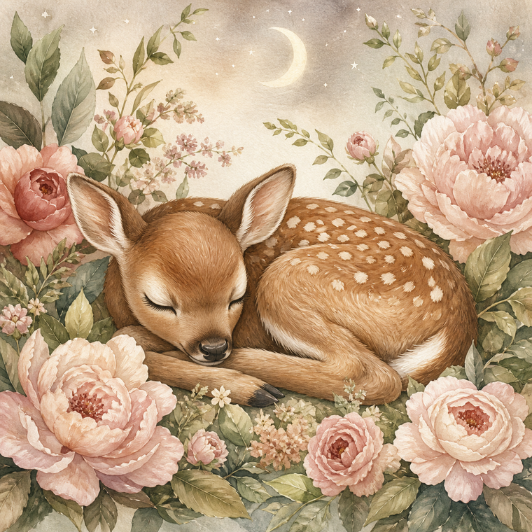 Diamond Painting Slapend Hertje tussen Maanbloemen – volledig origineel babykamerontwerp