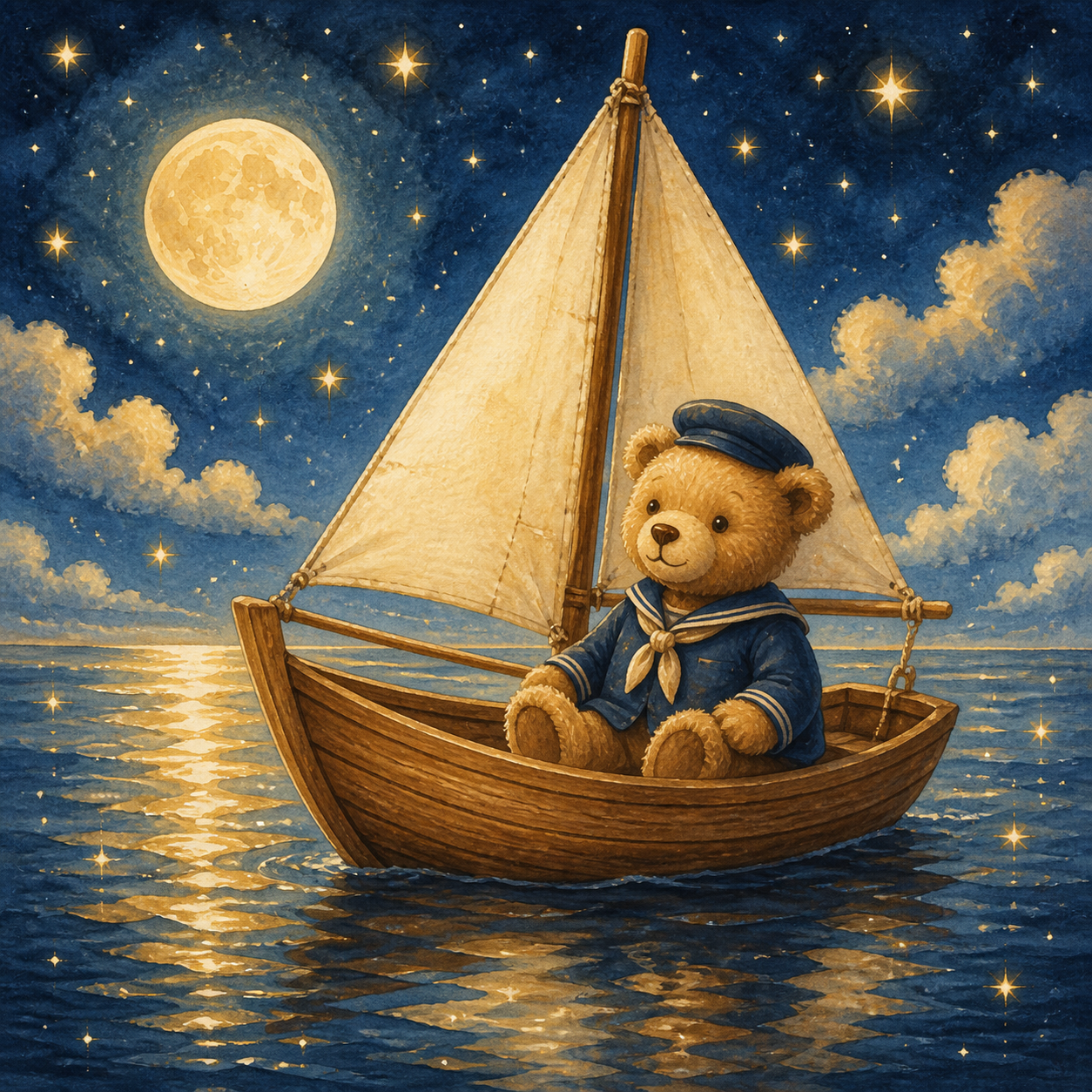 Diamond Painting Teddybeer in een Sterrenzeilboot – volledig origineel babykamerontwerp