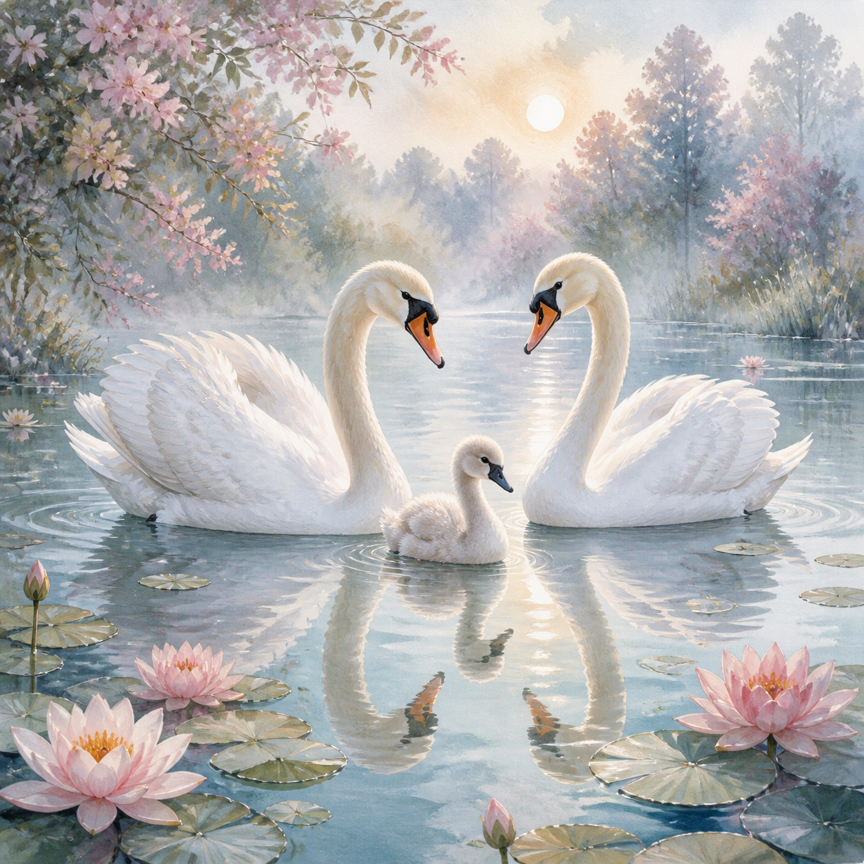Diamond Painting Zwanenfamilie op de Waterlelievijver – volledig origineel babykamerontwerp