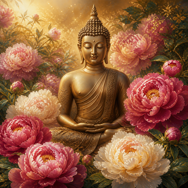 Diamond Painting Boeddha tussen Pioenrozen – volledig Boeddha-ontwerp