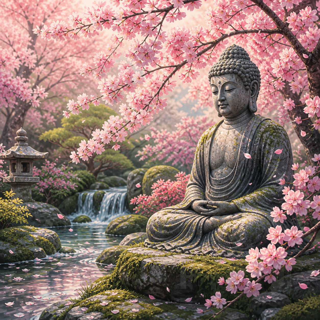 Diamond Painting Boeddha tussen Kersenbloesem – volledig Boeddha-ontwerp