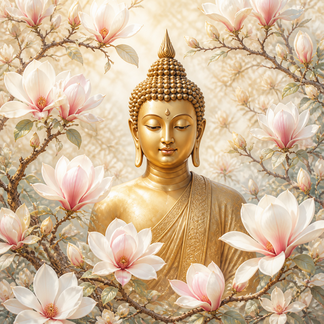 Diamond Painting Boeddha en Magnolia – volledig Boeddha-ontwerp