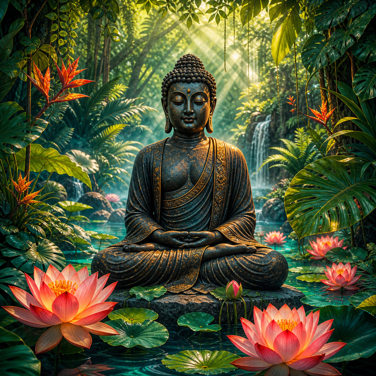 Diamond Painting Boeddha in de Tropische Lotustuin – volledig Boeddha-ontwerp