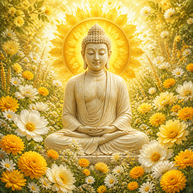 Diamond Painting Boeddha met Zonnige Bloemengloed – volledig Boeddha-ontwerp