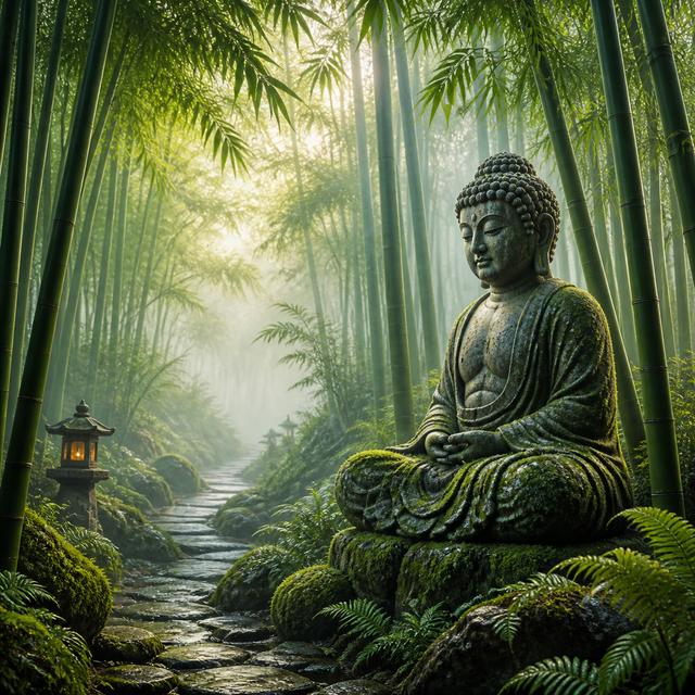 Diamond Painting Boeddha in de Mistige Bamboetuin – volledig Boeddha-ontwerp
