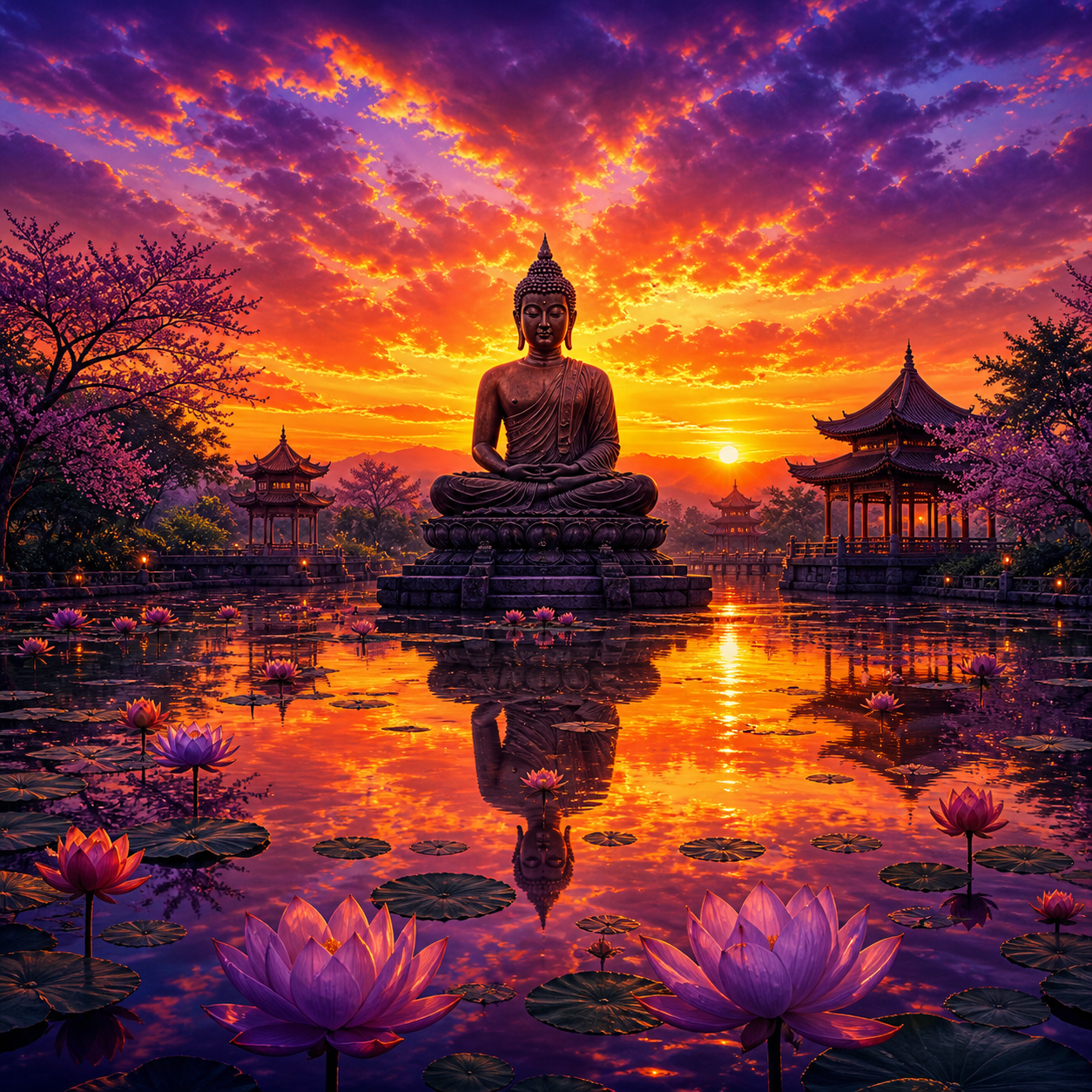 Diamond Painting Zonsondergang boven de Tempelvijver – volledig Boeddha-ontwerp