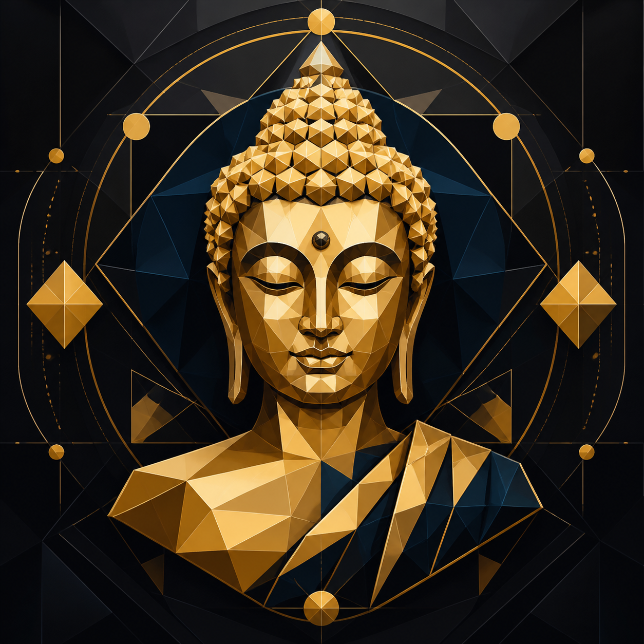 Diamond Painting Geometrische Boeddha in Goud – volledig Boeddha-ontwerp