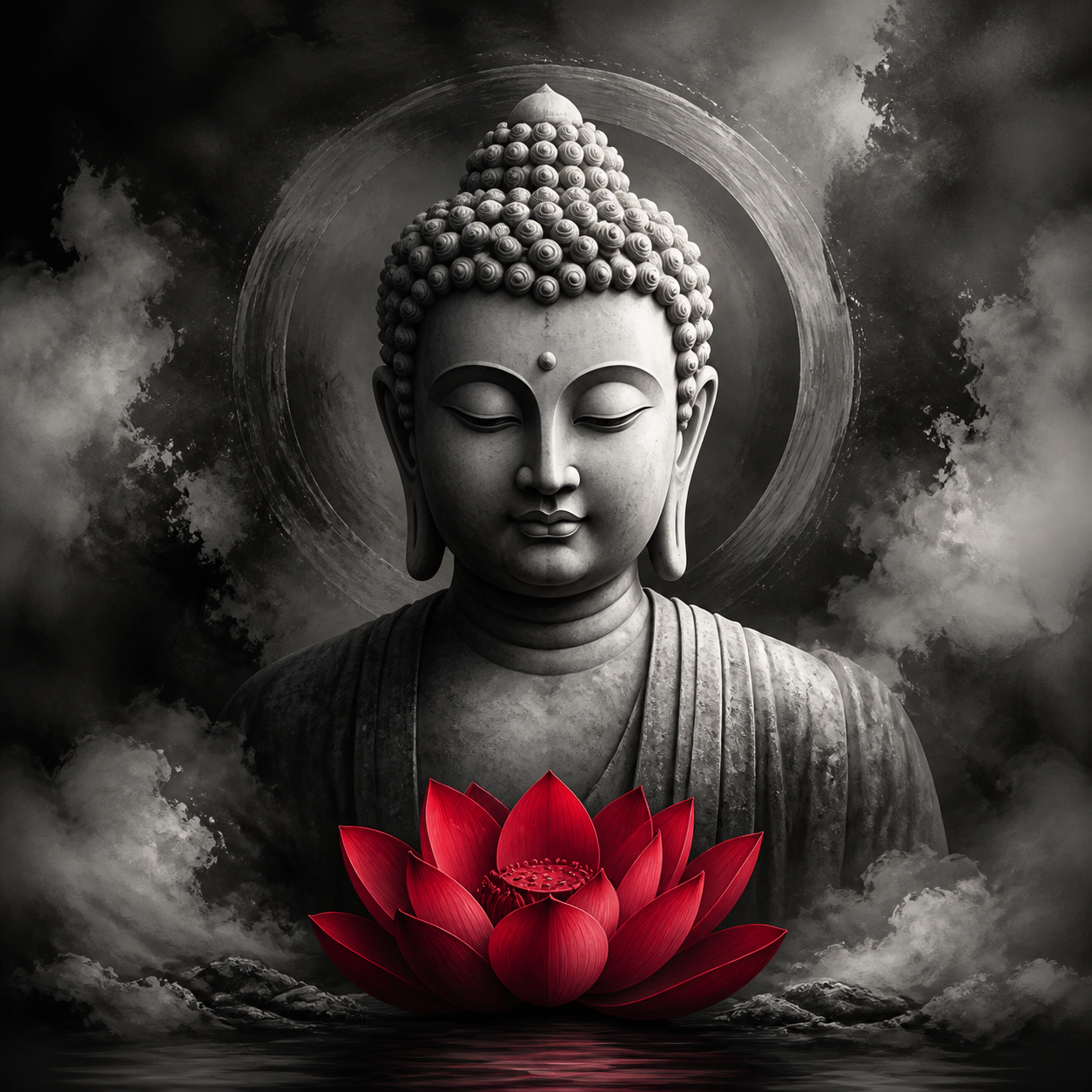 Diamond Painting Zwart-wit Boeddha met Rode Lotus – volledig Boeddha-ontwerp