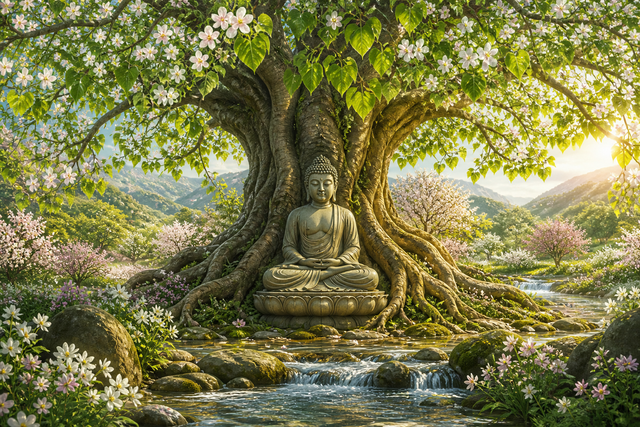 Diamond Painting Drieluik Boeddha onder de Bloeiende Bodhiboom – volledig Boeddha-ontwerp als 3-luik