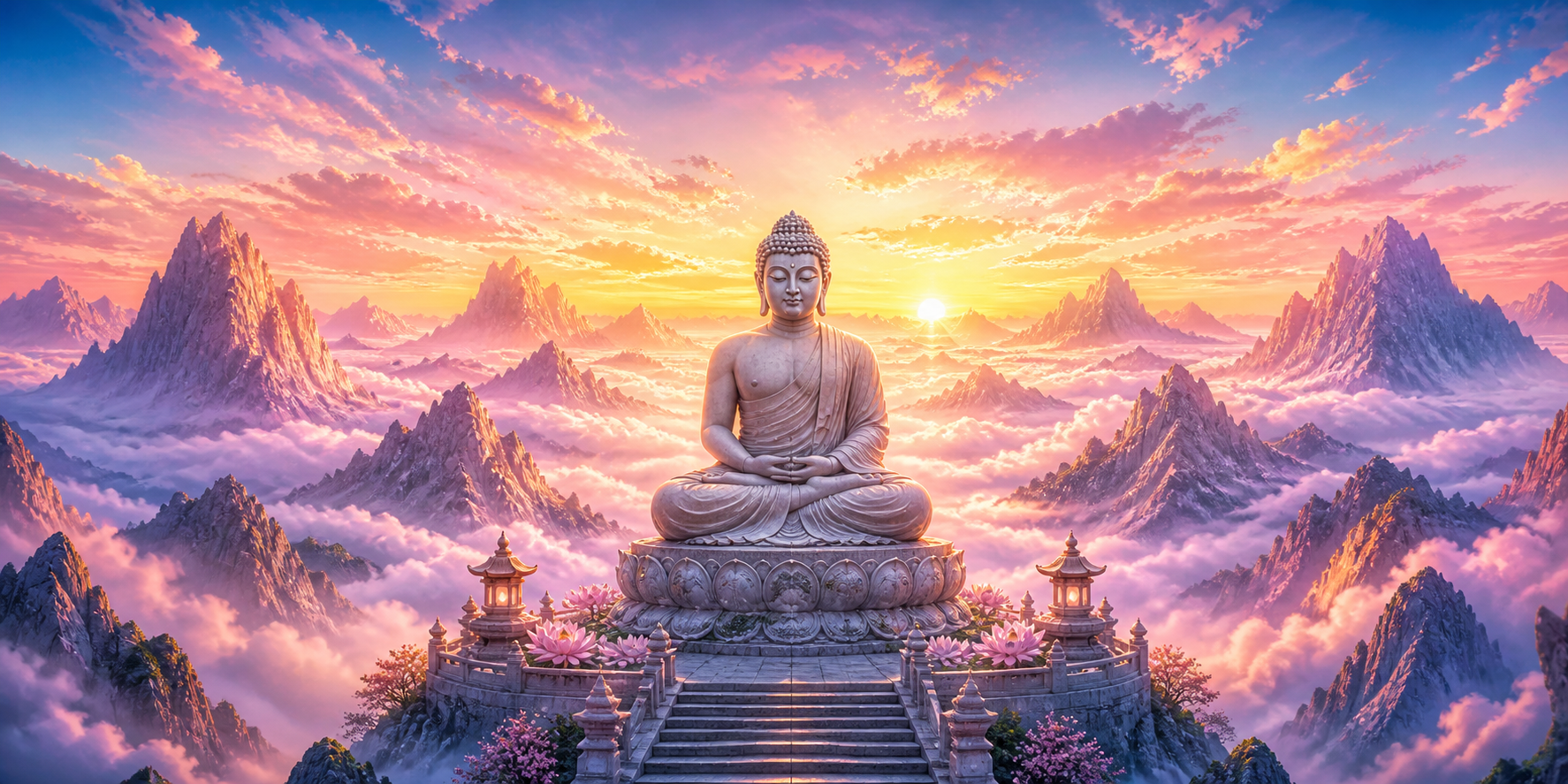 Diamond Painting 5 Luik Boeddha bij Zonsopkomst – volledig Boeddha-ontwerp als 5-luik