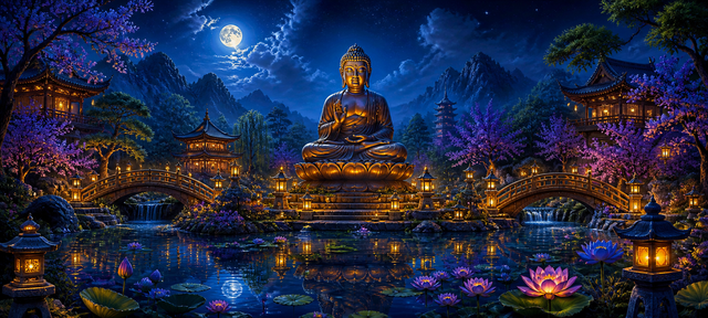 Diamond Painting 5 Luik Nachtelijke Tempeltuin – volledig Boeddha-ontwerp als 5-luik