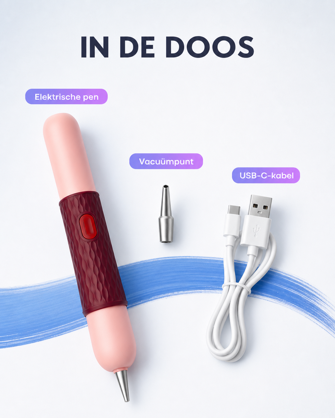 Inhoud van de ergonomische elektrische pen: pen, vacuümpunt en USB-C-kabel