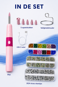 Hotfixset met pen, vijf opzetstukken, houder, USB-C-kabel en strass-steentjes