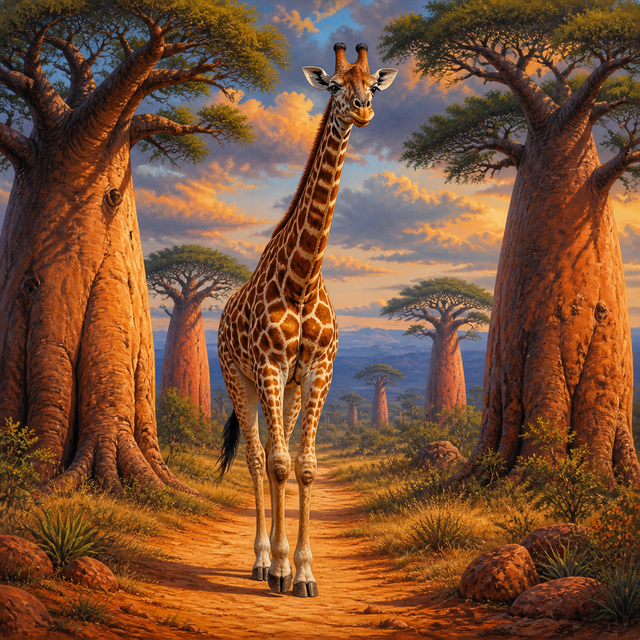 Diamond Painting Giraffe tussen de Baobabs – volledig origineel giraffeontwerp