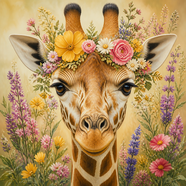 Diamond Painting Giraffe met Bloemenkrans – volledig origineel giraffeontwerp