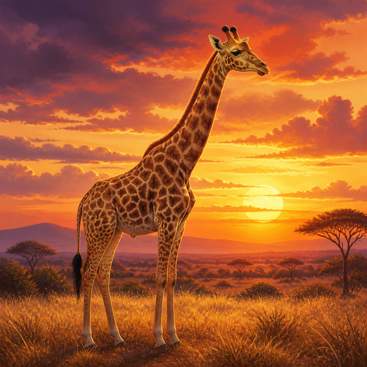 Diamond Painting Giraffe bij Gouden Zonsondergang – volledig origineel giraffeontwerp