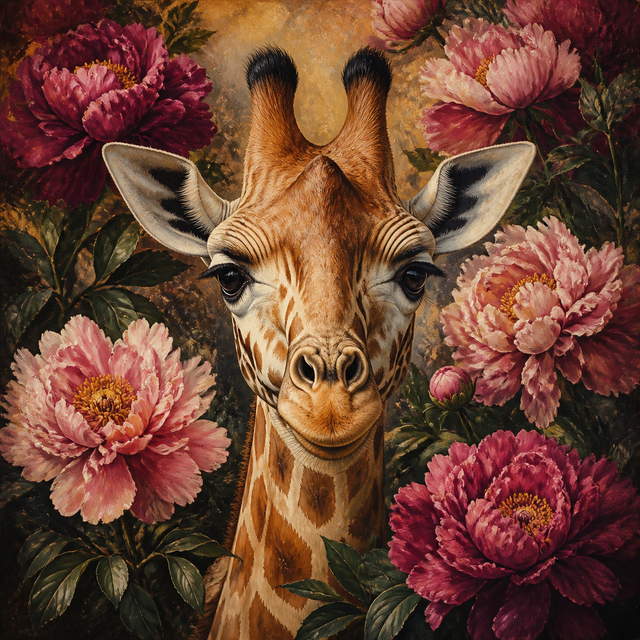 Diamond Painting Giraffe met Pioenrozen – volledig origineel giraffeontwerp