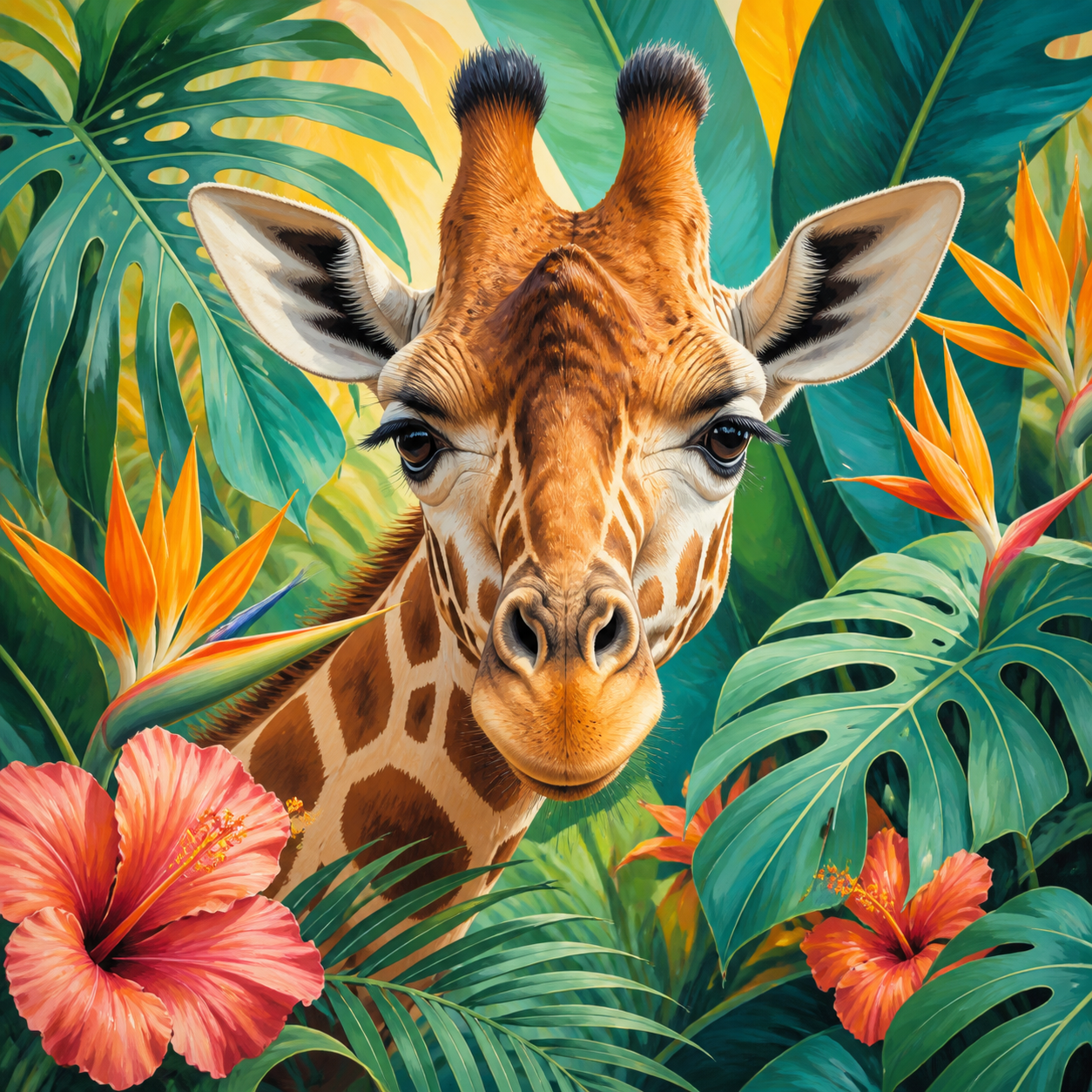 Diamond Painting Giraffe in Tropische Bladeren – volledig origineel giraffeontwerp