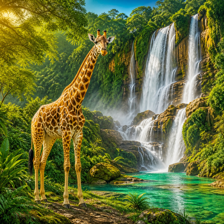 Diamond Painting Giraffe bij de Waterval – volledig origineel giraffeontwerp