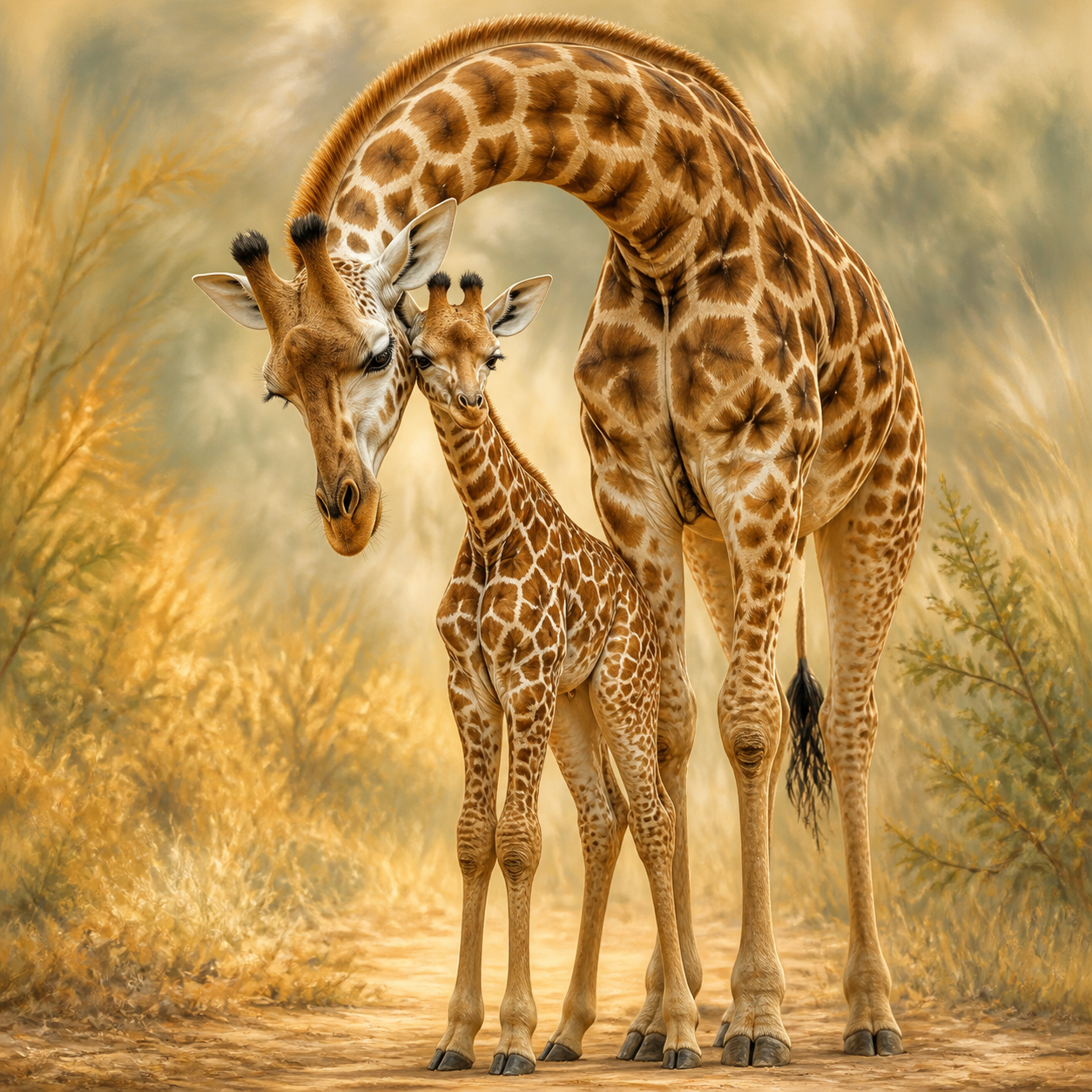 Diamond Painting Giraffekalf onder Moeders Hals – volledig origineel giraffeontwerp