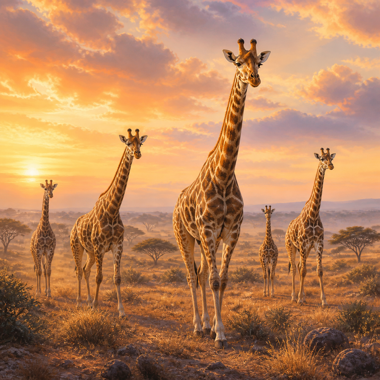 Diamond Painting Giraffekudde bij Dageraad – volledig origineel giraffeontwerp