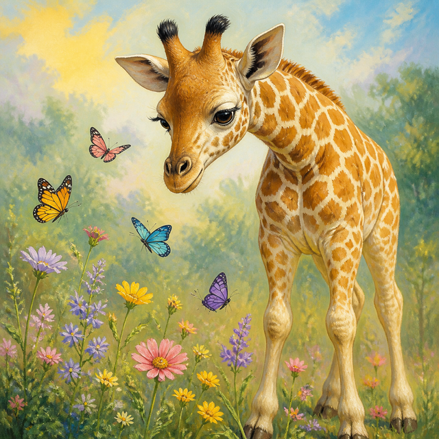 Diamond Painting Giraffekalf en Vlinders – volledig origineel giraffeontwerp