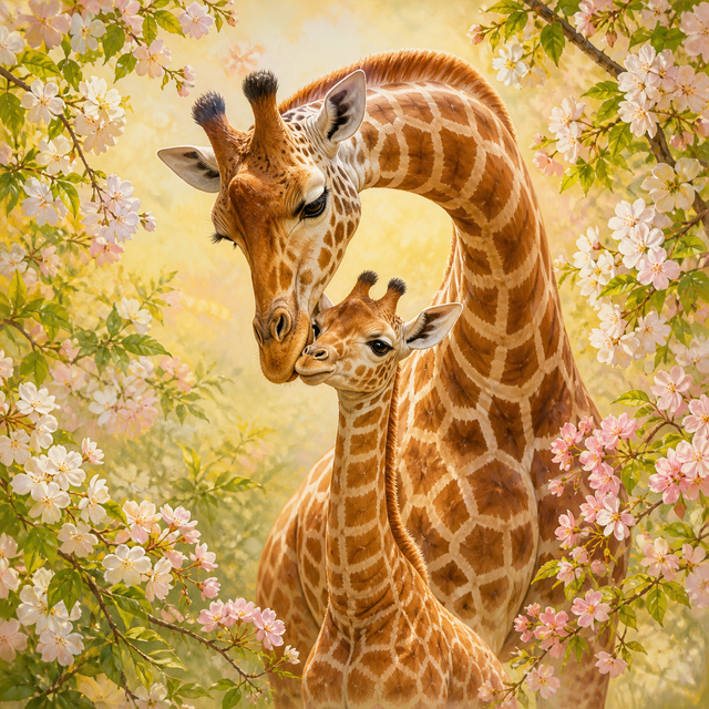 Diamond Painting Moeder Giraffe in de Bloesem – volledig origineel giraffeontwerp