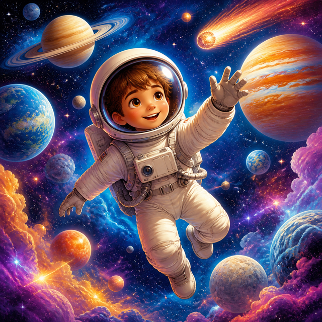 Diamond Painting Astronaut tussen de Planeten – origineel kleurrijk ontwerp