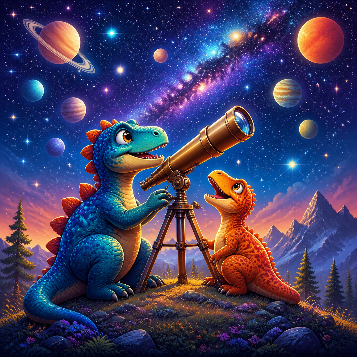 Diamond Painting Dino Sterrenkijkers – origineel kleurrijk ontwerp