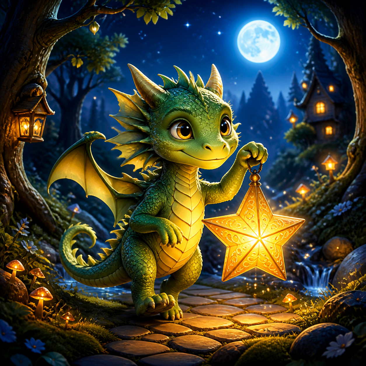 Diamond Painting Draakje met Sterrenlantaarn – origineel kleurrijk ontwerp