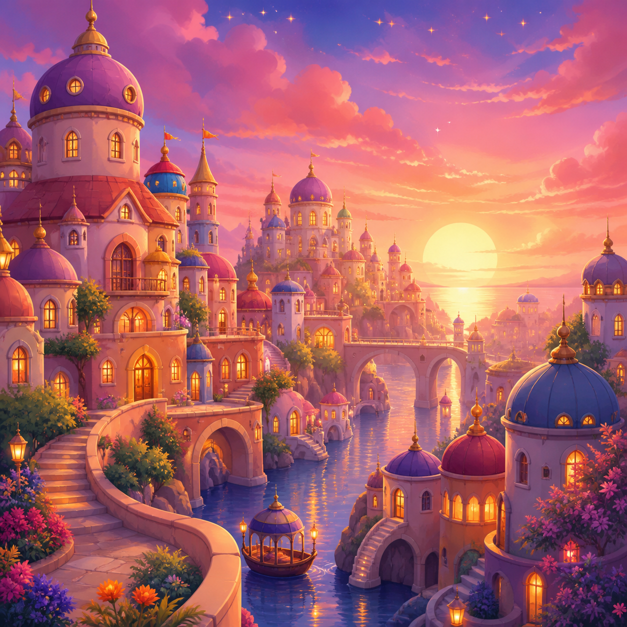 Diamond Painting Droomstad bij Zonsondergang – origineel kleurrijk ontwerp