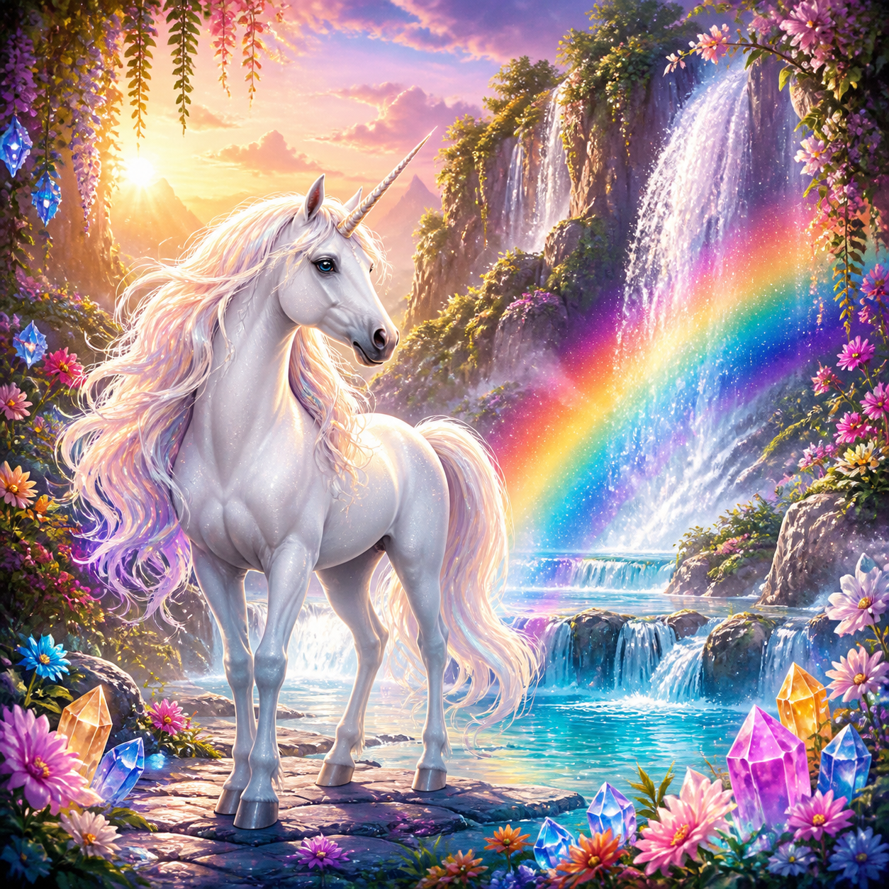 Diamond Painting Eenhoorn bij de Regenboogwaterval – origineel kleurrijk ontwerp