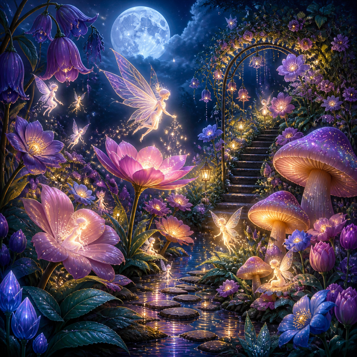 Diamond Painting Feeëntuin bij Maanlicht – origineel kleurrijk ontwerp