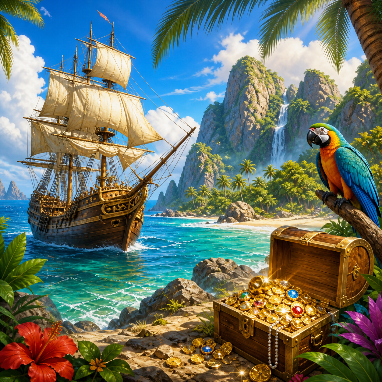 Diamond Painting Piratenschip bij Schateiland – origineel kleurrijk ontwerp