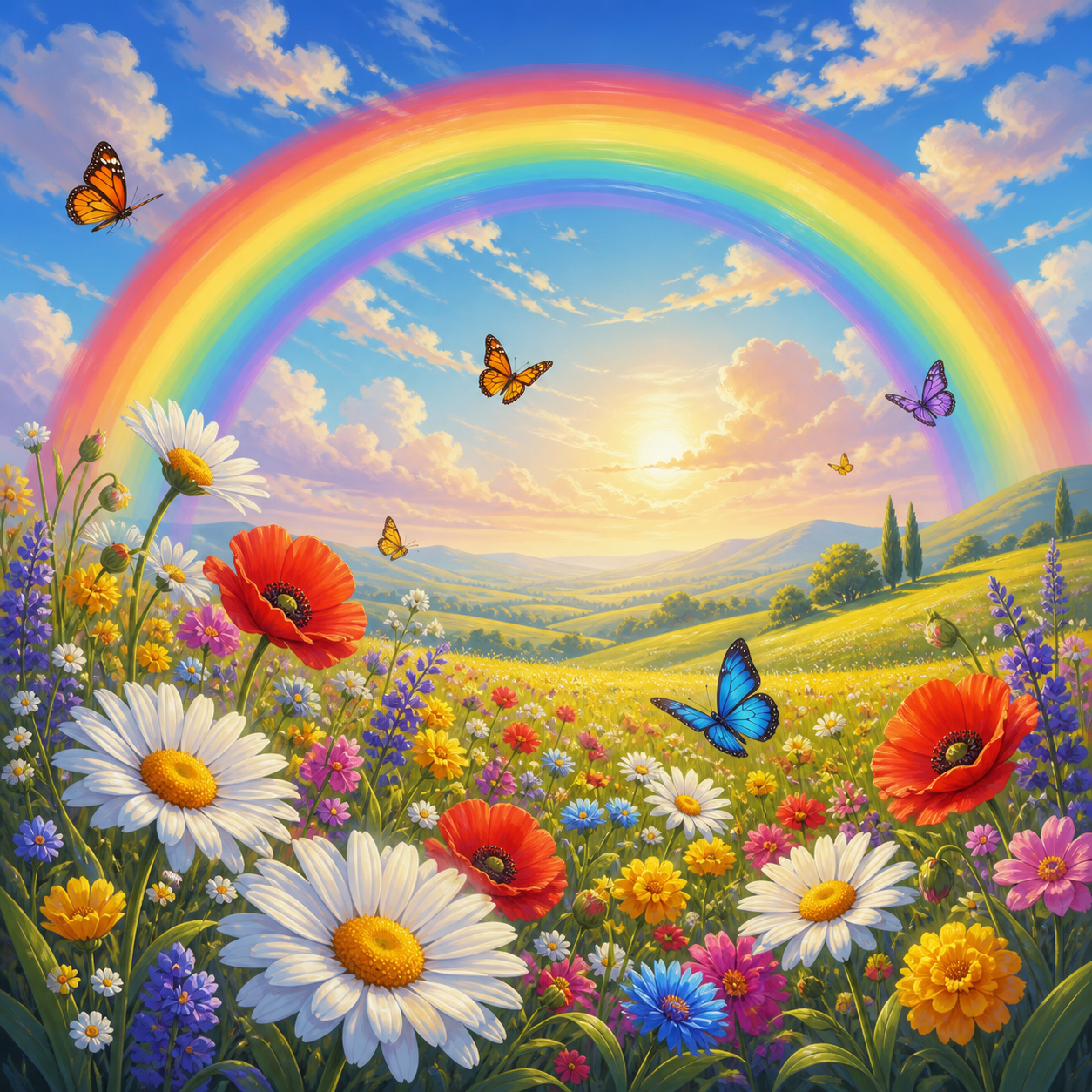 Diamond Painting Regenboog boven het Bloemenveld – origineel kleurrijk ontwerp