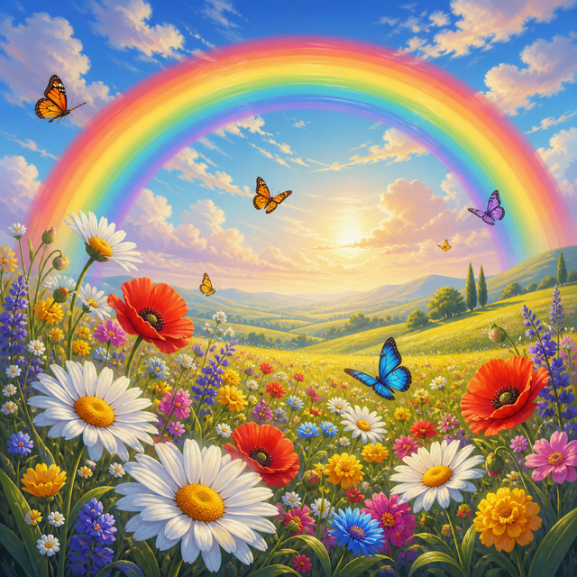 Diamond Painting Regenboog boven het Bloemenveld – origineel kleurrijk ontwerp