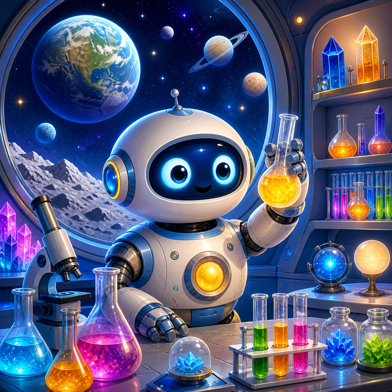 Diamond Painting Robot in het Maanlaboratorium – origineel kleurrijk ontwerp