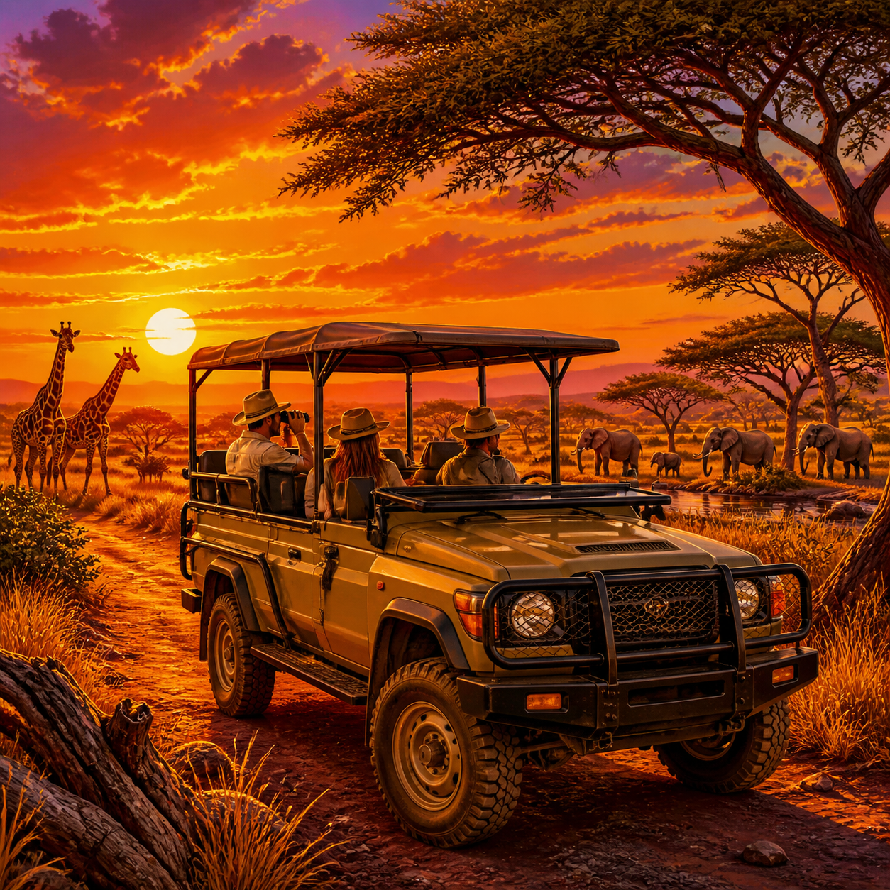 Diamond Painting Safariwagen bij Zonsondergang – origineel kleurrijk ontwerp