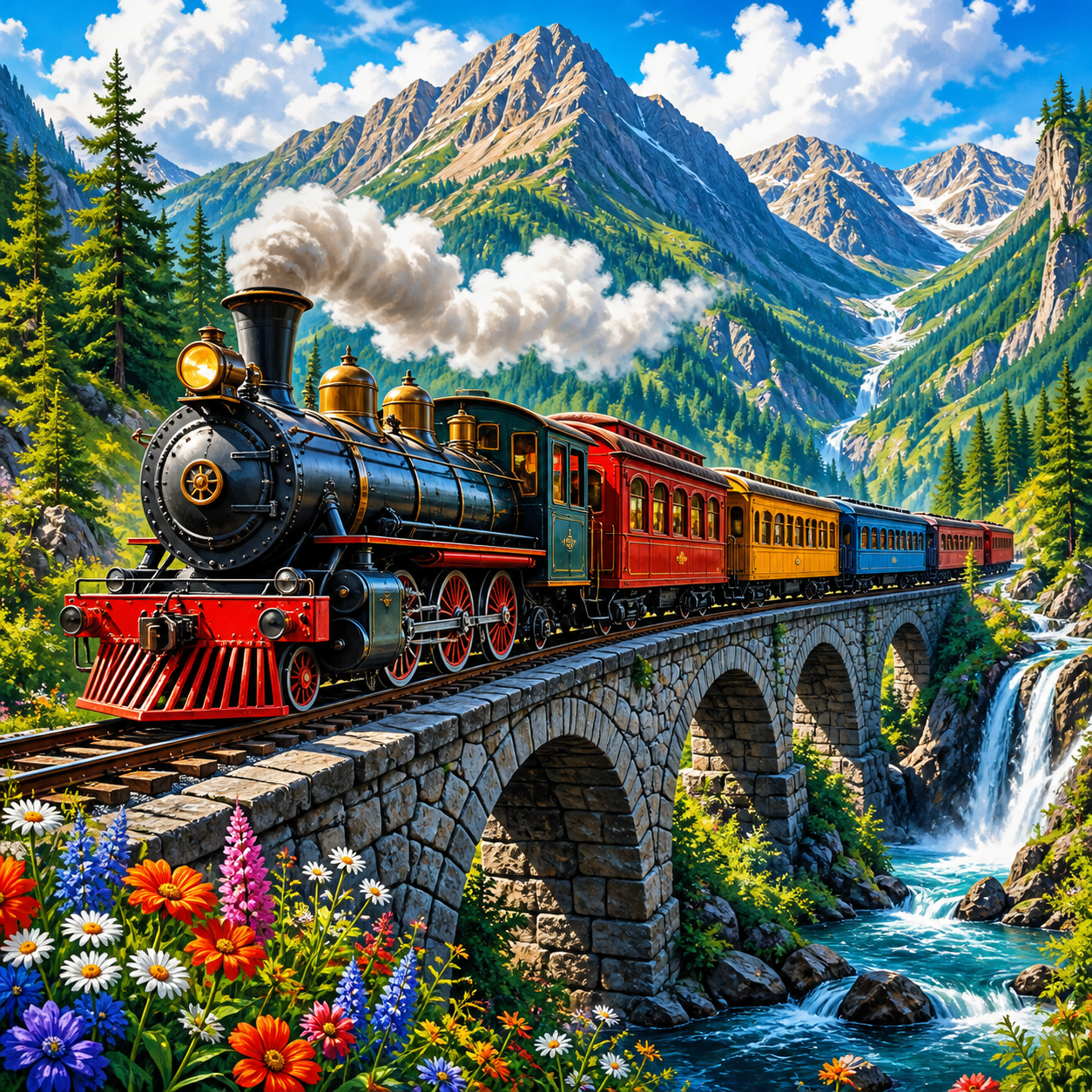 Diamond Painting Trein door de Bergen – origineel kleurrijk ontwerp