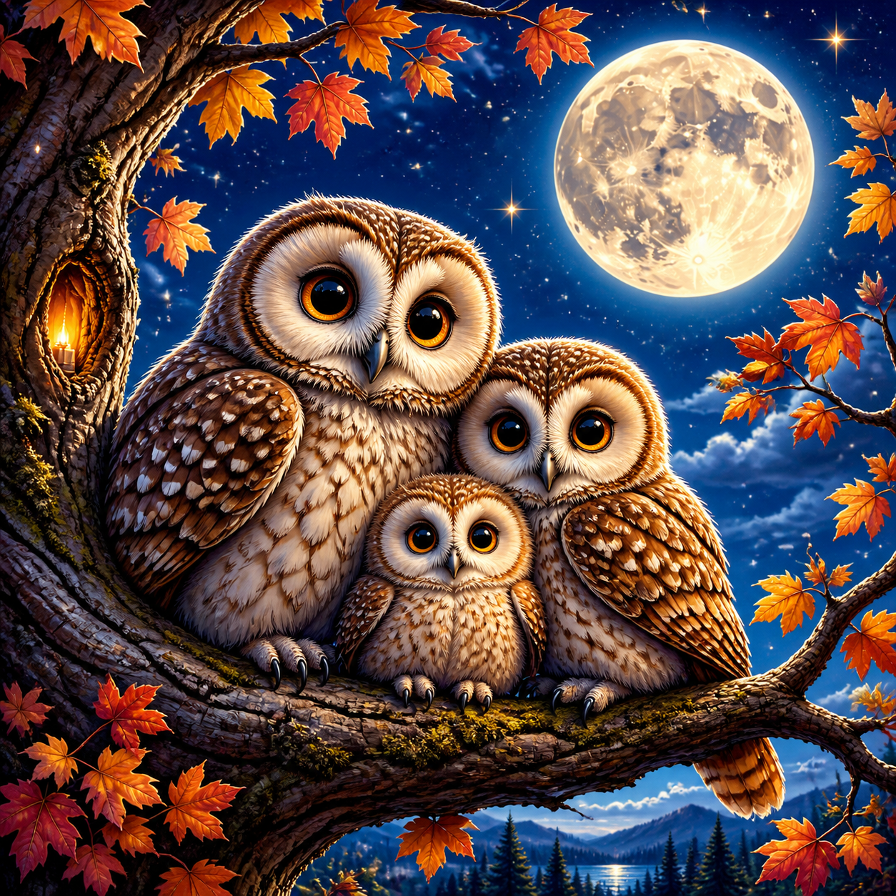 Diamond Painting Uilenfamilie in de Boom – origineel kleurrijk ontwerp