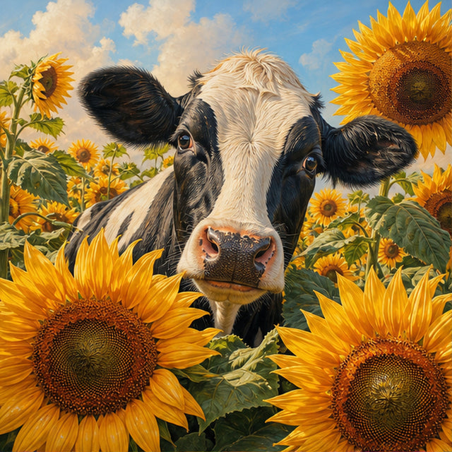 Diamond Painting Bonte Koe bij Zonnebloemen – origineel DPW koeienontwerp