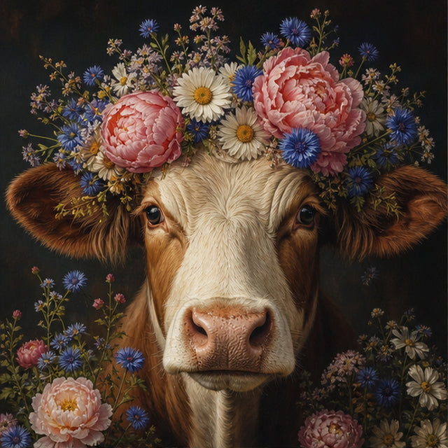 Diamond Painting Koe met Bloemenkrans – origineel DPW koeienontwerp