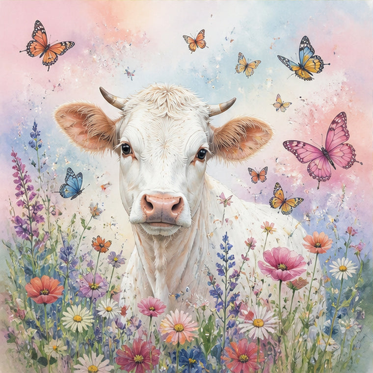 Diamond Painting Koe met Vlinders in Pastel – origineel DPW koeienontwerp