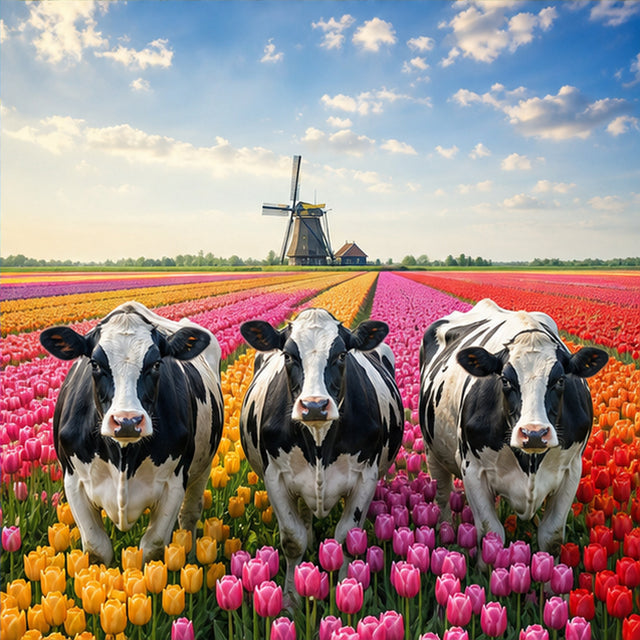 Diamond Painting Koeien in een Hollandse Tulpenwei – origineel DPW koeienontwerp