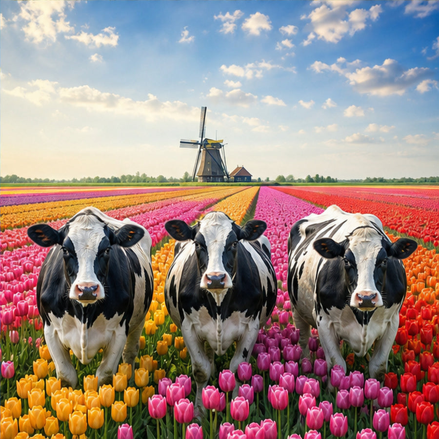 Diamond Painting Koeien in een Hollandse Tulpenwei – origineel DPW koeienontwerp