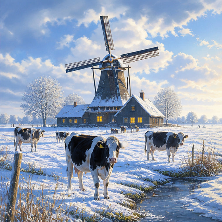 Diamond Painting Koeien bij de Windmolen in de Winter – origineel DPW koeienontwerp