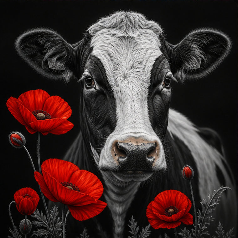 Diamond Painting Zwart-wit Koe met Rode Klaprozen – origineel DPW koeienontwerp