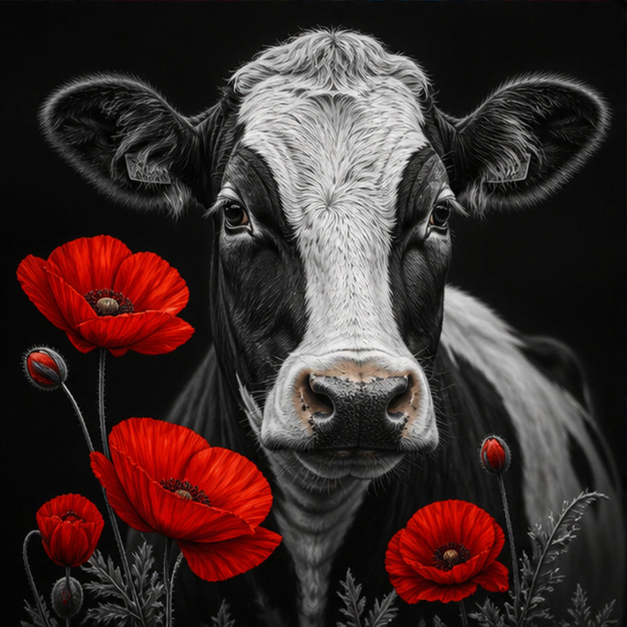 Diamond Painting Zwart-wit Koe met Rode Klaprozen – origineel DPW koeienontwerp