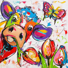 Diamond Painting Koe met Bloemen en Vlinder – volledig koeienontwerp
