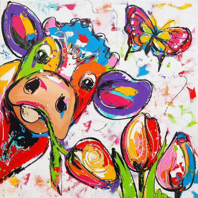Diamond Painting Koe met Bloemen en Vlinder – volledig koeienontwerp